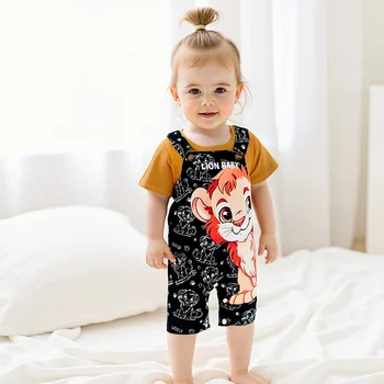 Adorable Baby Boy Summer Outfit Set with Short Sleeve Lion Print T-shirt and Overall Pants Crew Neck Cartoon Theme 5