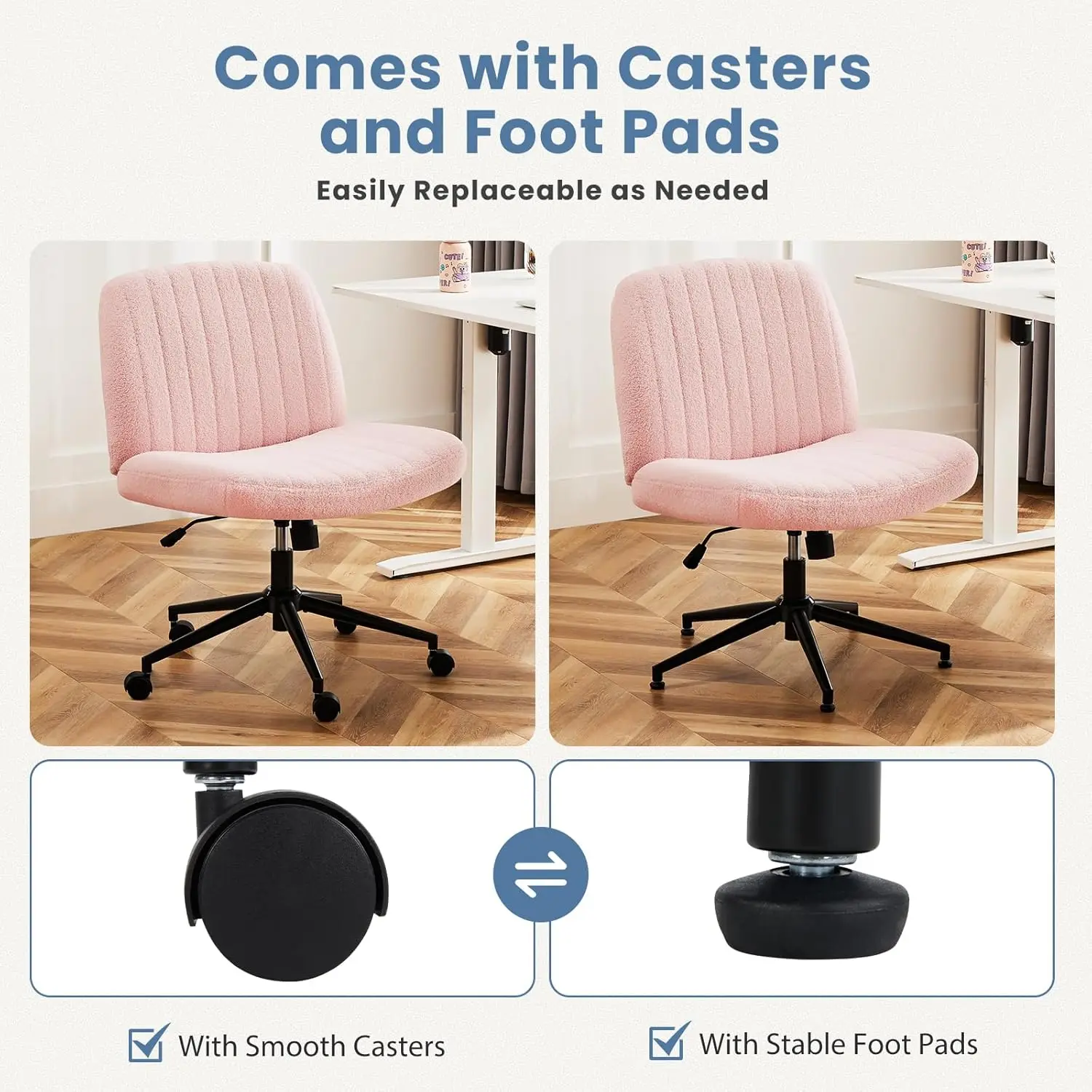 Criss Cross Chair with Wheels, Legged Office Armless Wide Desk Seat with Dual-Purpose Base, Adjustable Swivel Teddy Fabric