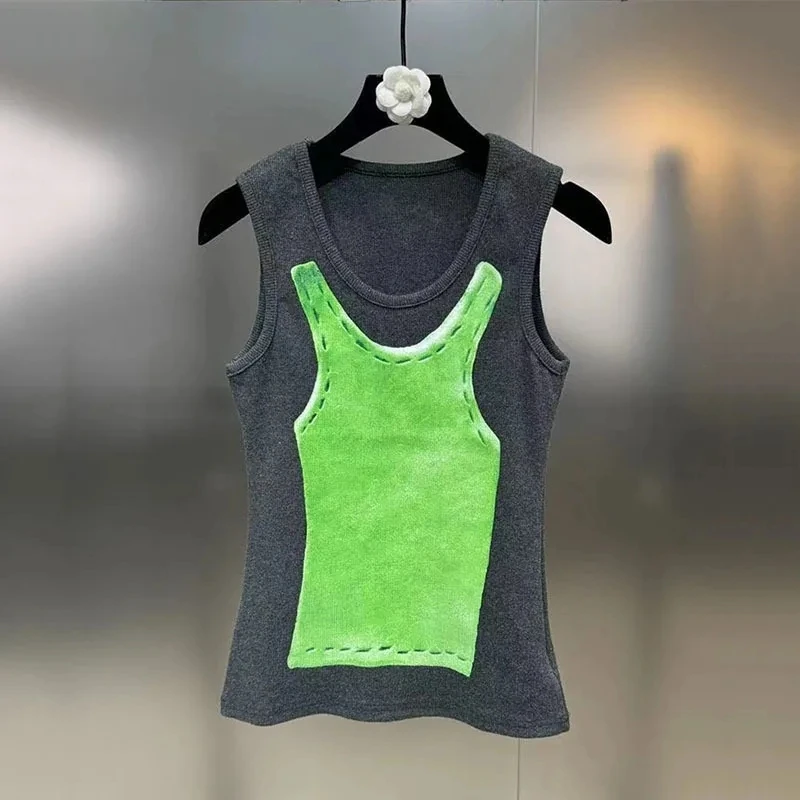 

BORVEMAYS Fashion Trend Tank Tops Personality Printing O Neck Sleeveless Contrasting Colors Summer New Vest 2024 WZ8624