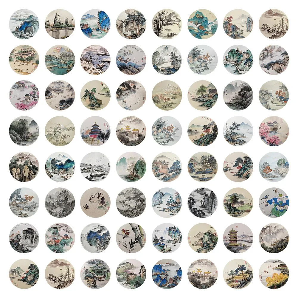 60Pcs Retro Chinese Style Landscape Painting Stickers Aesthetic View Illustration Decorative Sticker for Phone Fridge Notebook 3