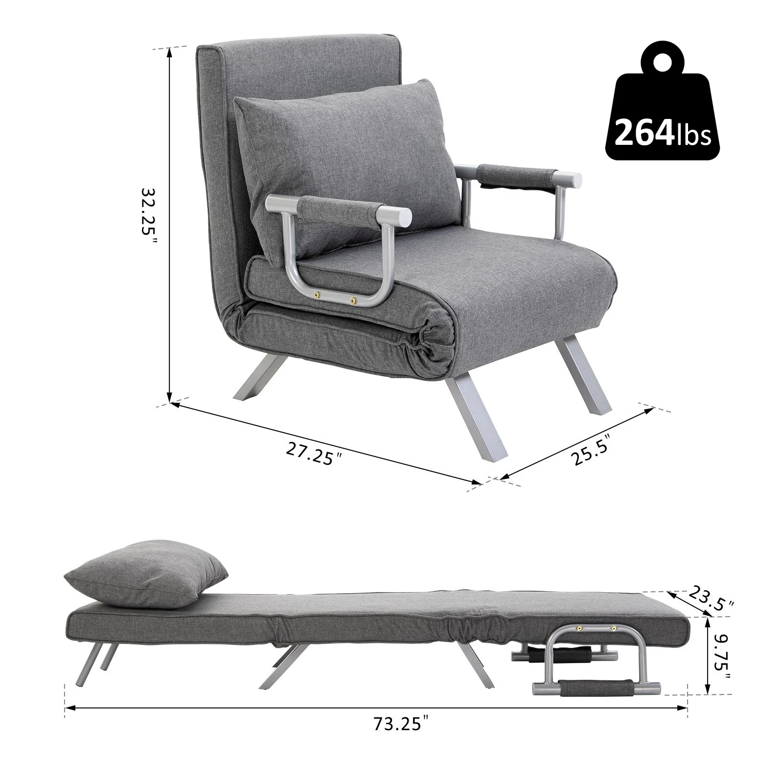 Modern Futon Sofa Lounger Couch withAdjustable Backrest & Comfy Pillow, Light Grey