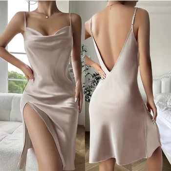 Robe nuisette dos nu pour femme, confortable, en satin de soie imitation soie, couleur unie, sexy, pour l'été