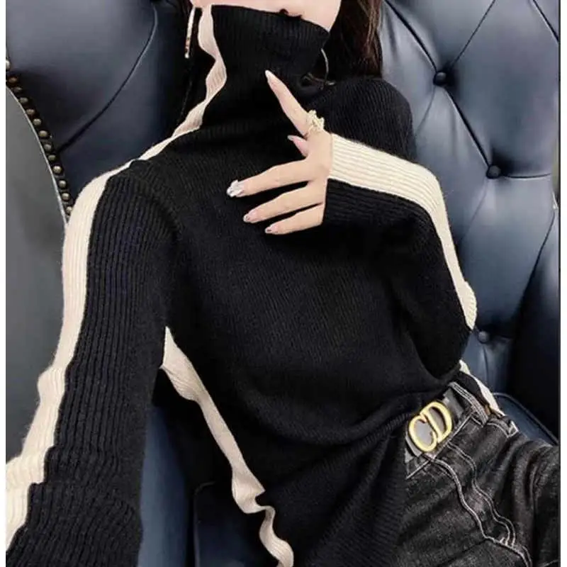 Autumn and Winter Women's Pullover High Neck Long Sleeve Contrast Stripe Shirring Slim Fit Fashion Casual Knit Bottom Tops