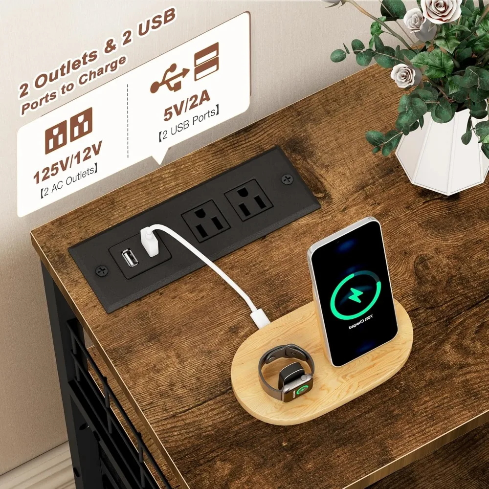 Nightstand Set of 2, Night Stand with Charging Station & LED Lights, Bedside Table with 4 Fabric Drawers for Bedroom 6
