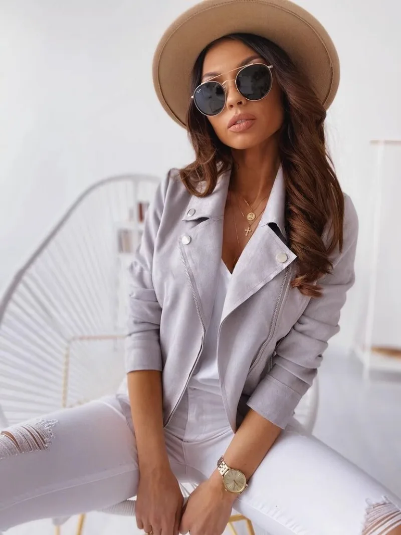 Women's Clothing  Casual Fashion Trend Commuting Slim Fit Short Flip Collar Zippered Jacket Deer Fur Short Jacket