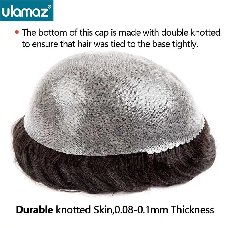 0.08-0.10mm Knotted Skin Hair Toupee Microskin Man Hair Prosthesis 100% Human Hair Male Wig Mens Hair Replacement System Unit 3
