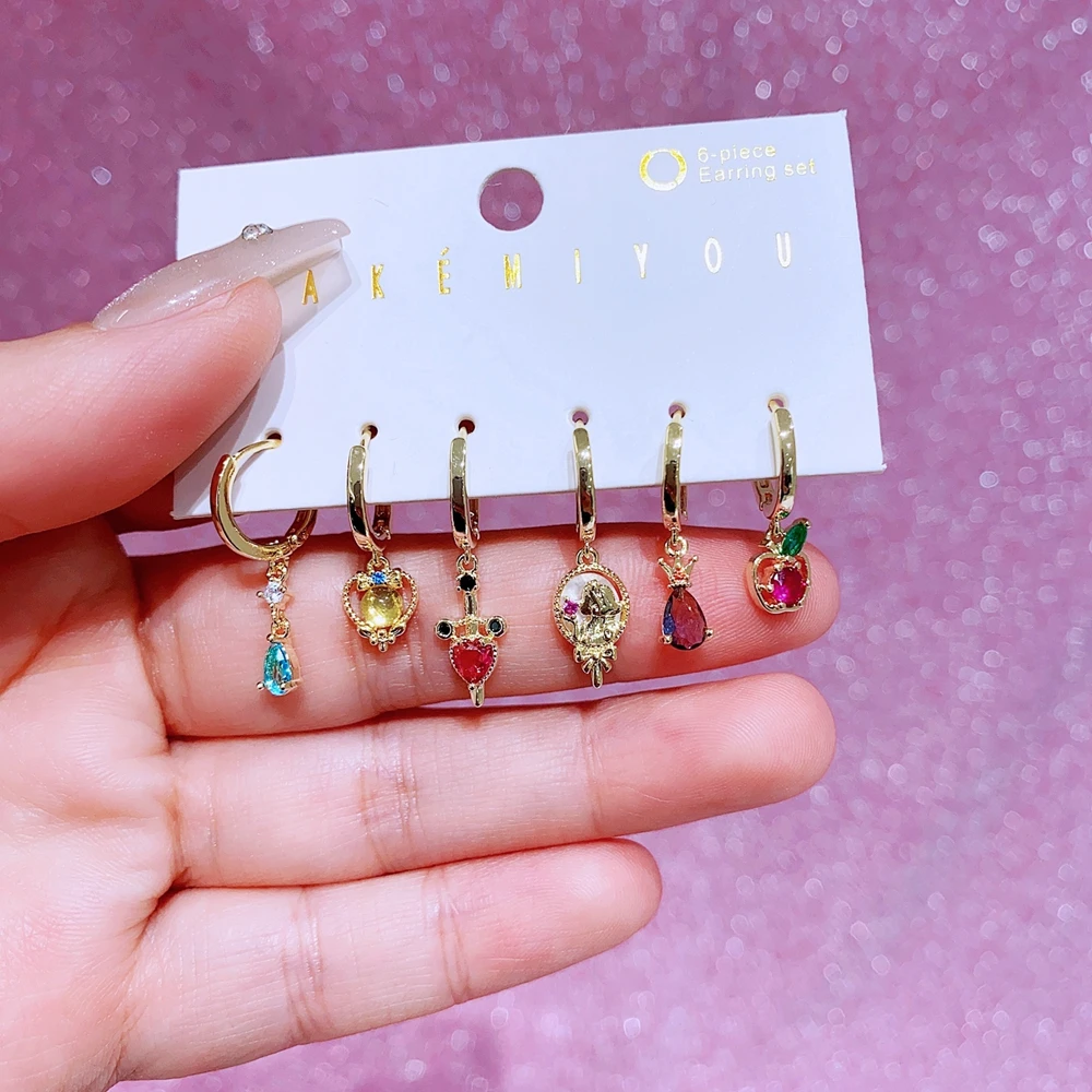 MIGGA 6pcs/set Lovely Fairy Princess Dangle Earrings Gold Color Zircon Stone Women Girls Party Jewelry 4