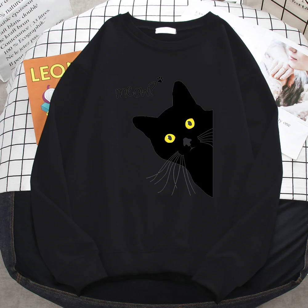 Winter Harajuku Woman Sweatshirt Meow Black Cat Printing Hoodies
