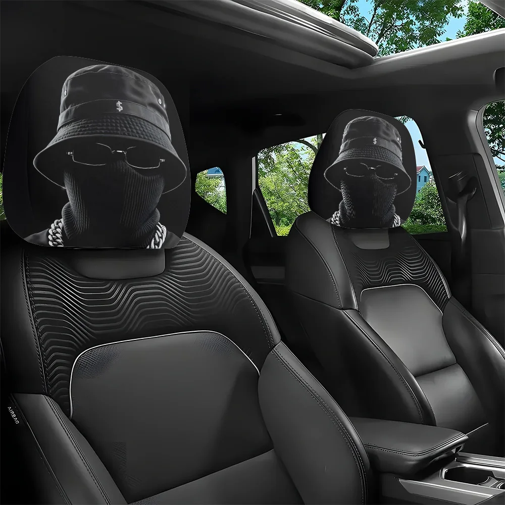 2pcs, Hip-Hop Masked Black Figure Printed Car Headrest Covers, Interior Decoration, Elastic Design