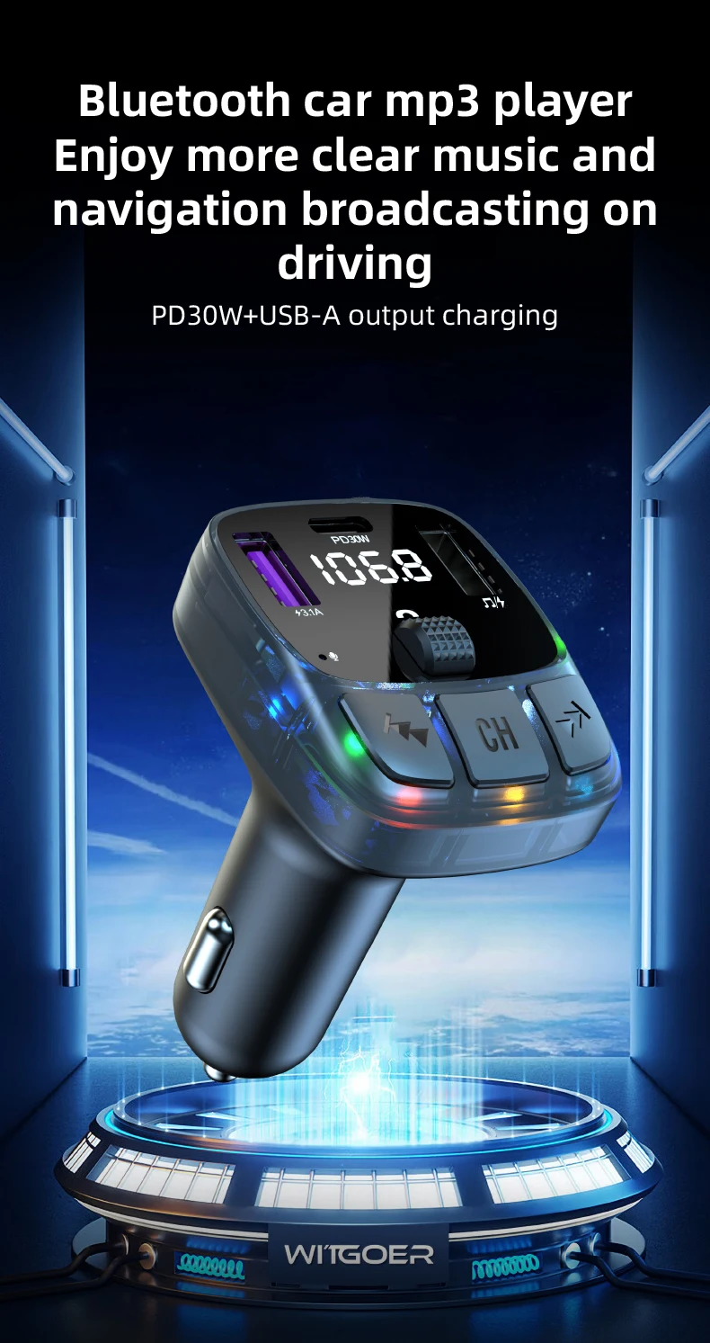 FM-трансмиттер автомобильный с двумя USB-портами, 30 Вт, Bluetooth 5,3 ...