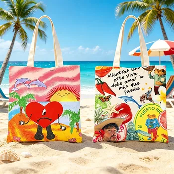 Borsa a Tracolla in Tela di Grande Capacità Bad Bunny, Borsa Casual da Donna, Borsa Portatile per Shopping, Accessori, Regalo per Fan