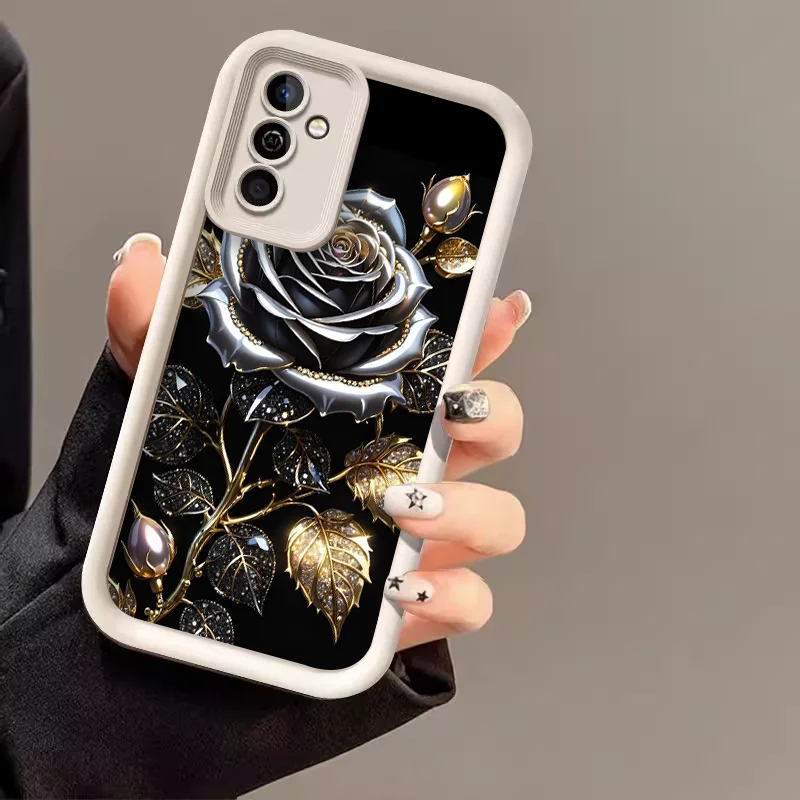 Elegant Black Gold Rose Flower Silicone Phone Case - Soft Cover Skin