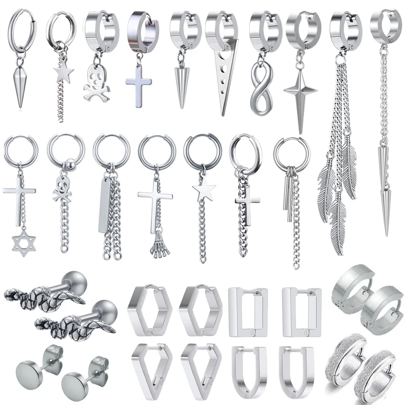 

33pcs Silver Color Stainless Steel Cross Pendant Dangle Earring for Men/Women Punk Gothic Tassel Earring Kpop Hoop Earrings