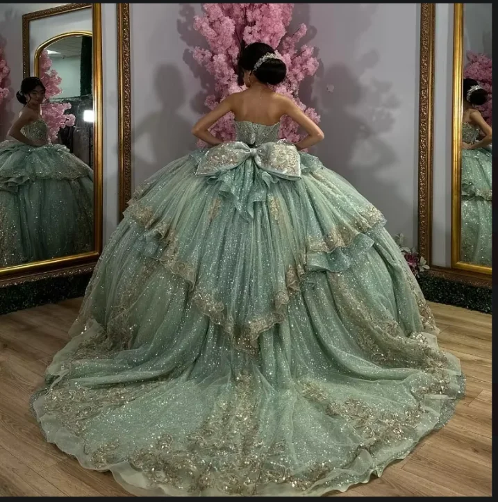 ANGELSBRIDEP Sage Green Quinceanera Dresses Crystals Beading Gold Applique Lace Bow Vestidos De 15 Anos Birthday Customized
