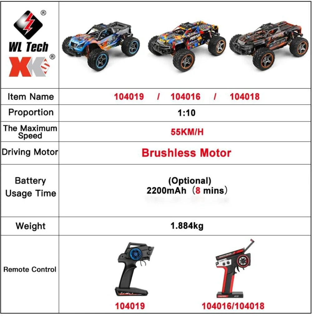 WLtoys 104018 104019 4WD Rc Car 1/10 2.4G Off Road Remote Racing Trucks 55 KM/H Brushless Motor Drift Control Cars Toys for Kids