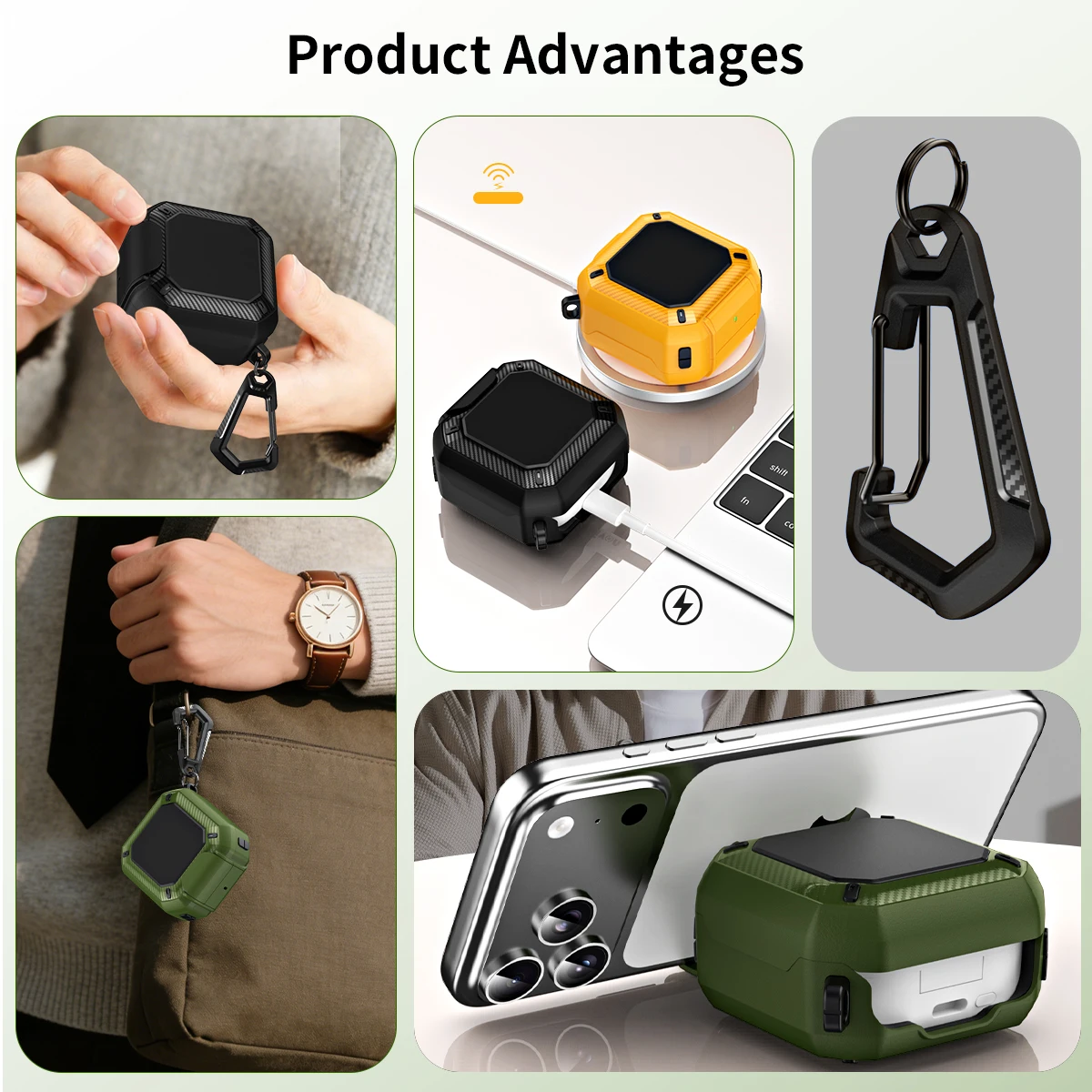 Compact Shockproof Carbon Fiber Earbuds Case with Carabiner & Security Lock