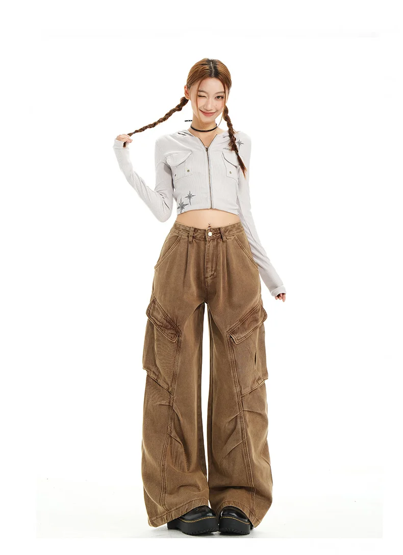 Retro Casual High Waisted Baggy Cargo Jeans Women Washed Distressed Wide Leg Pants Brown Denim Y2K Streetwear Vintage Trousers