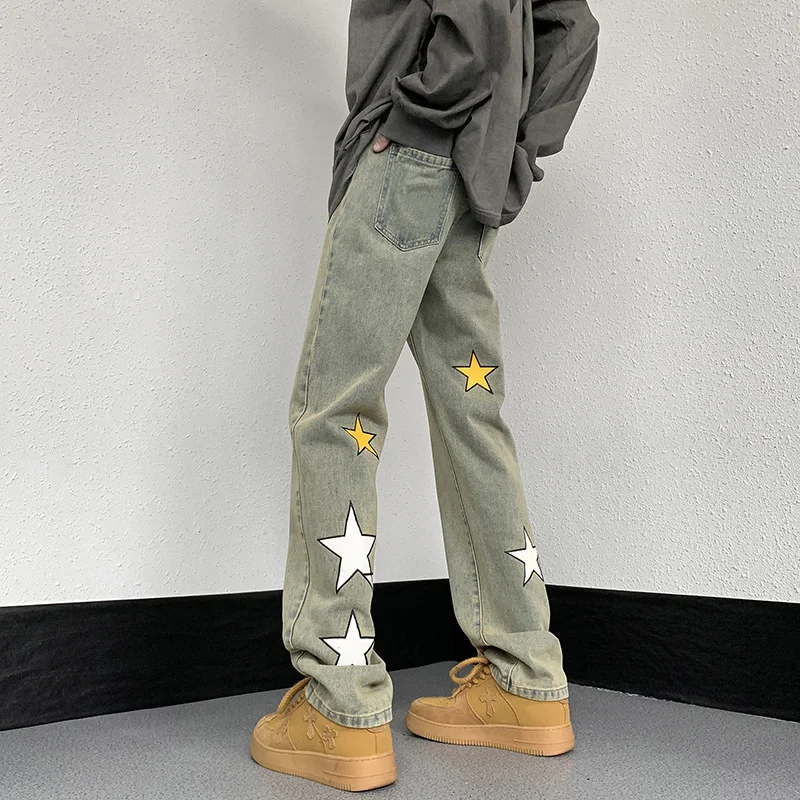 

American Vintage Washed Men's Jeans Star Print Baggy High Street Straight Tube Y2k Casual Denim Pants Male Trousers Streetwear