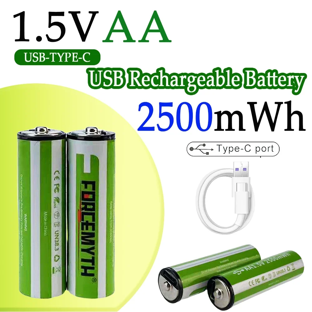 

Rechargeable lithium-ion battery, large capacity AA1.5V 2500mAh USB fast charging