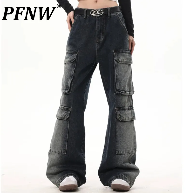 

PFNW Men's Tide High Street Retro Washed Multi Pocket Jeans Women Loose Versatile Micro Flap Denim Pants Vintage Fashion 12Z7248