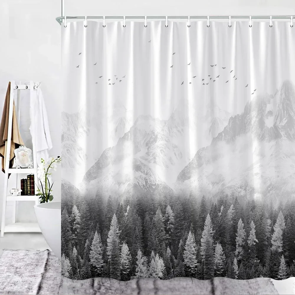 Shower Curtains Natural Bathroom Decor Shower Curtain Grey White Mountains Birds Pine Forest Landscape