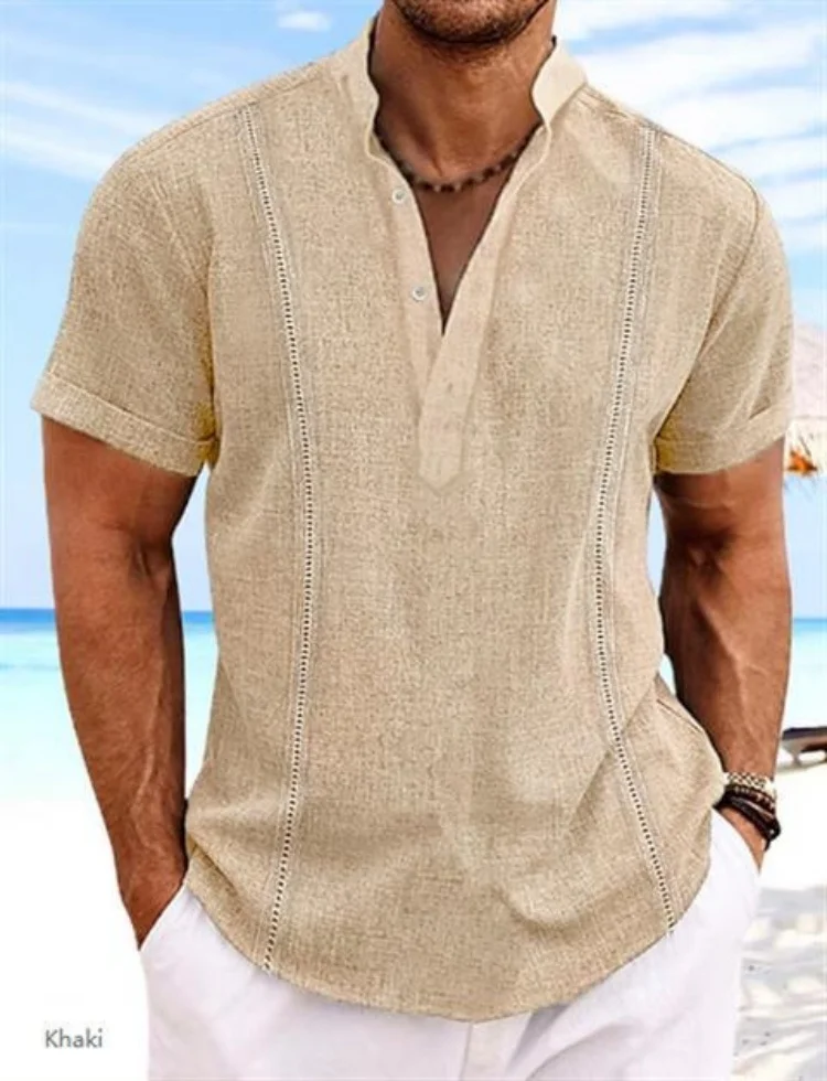 2024 summer new men's short sleeve Henri collar solid color Cuban Guayabera cotton shirt fashion trend beach men's top 4