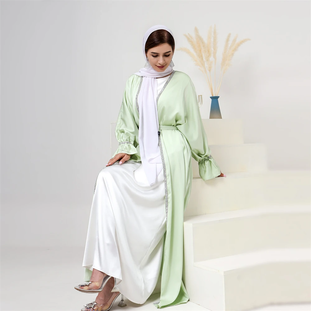 2-piece-satin-abaya-kimono-matching-muslim-sets-flare-sleeve-open-abayas-for-women-dubai-turkey-inner-dress-islam-modest-outfits