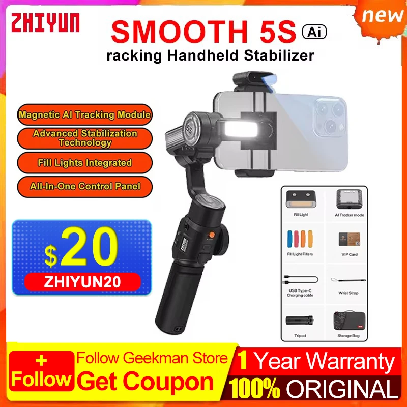 Zhiyun-Smooth 5s,ポータブルトラッキングスタビライザー,3軸