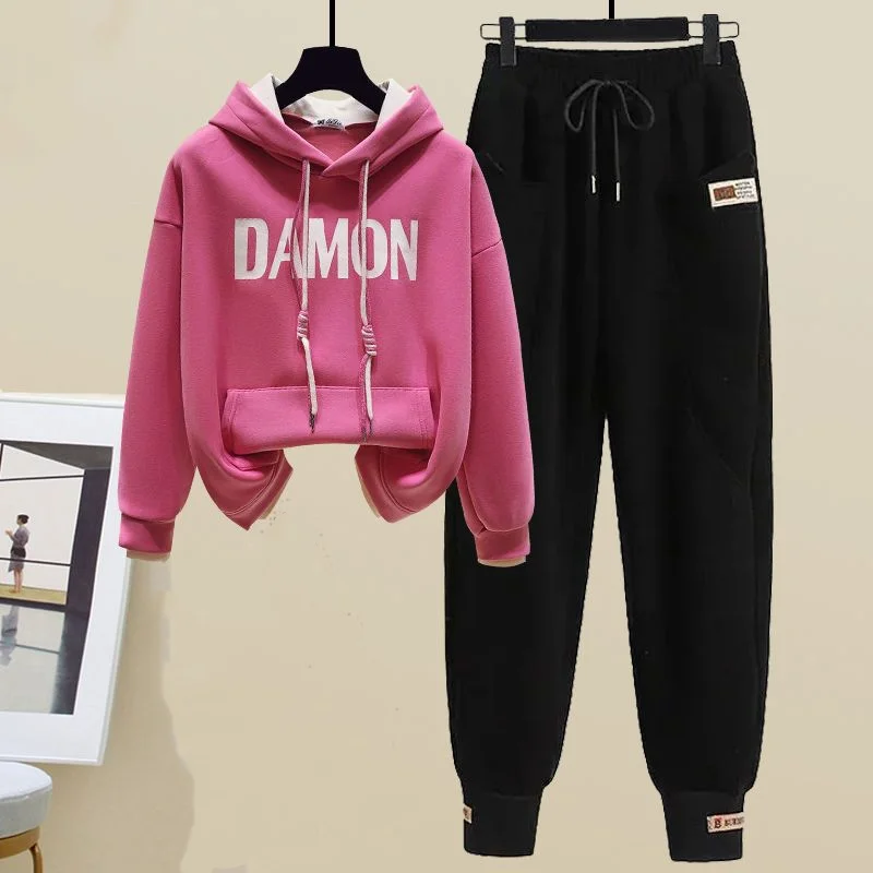 Autumn Winter Plush Insulation Outfits Women's 2023 Fashion Patchwork Hoodie+High Waisted Casual Thickened Pants Two Piece Set