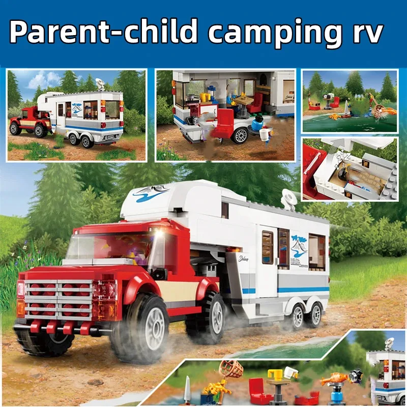 Stadt Serie 60182 Pickup Caravan Auto Bausteine Ziegel Eltern-Kind-Camping Wohnmobil Spielzeug für Kinder Weihnachtsgeschenke im Freien