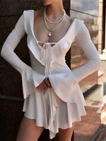 Tossy Ruffled Lace-Up White Mini Dress Women's V-Neck Patchwork Long Sleeve Sexy Slim Dress Bandage Elegant Female Summer Dress - Image 4
