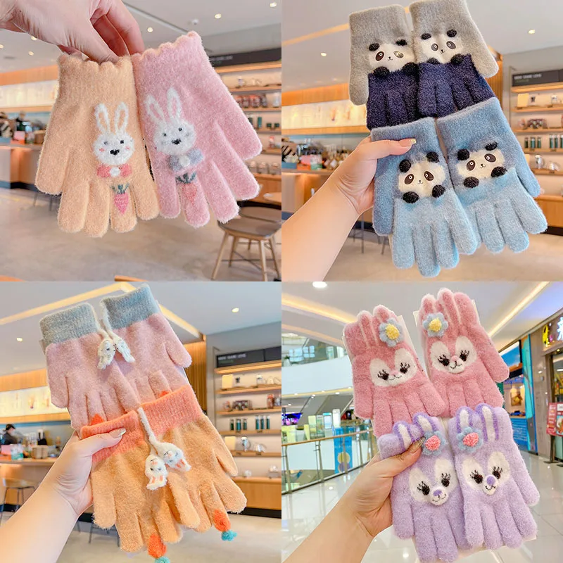 Winter New Baby Girls Sweet Soft Cartoon Knitted Yarn Keep Warm Gloves Children Lovely Five Finger Gloves Kids Fashion