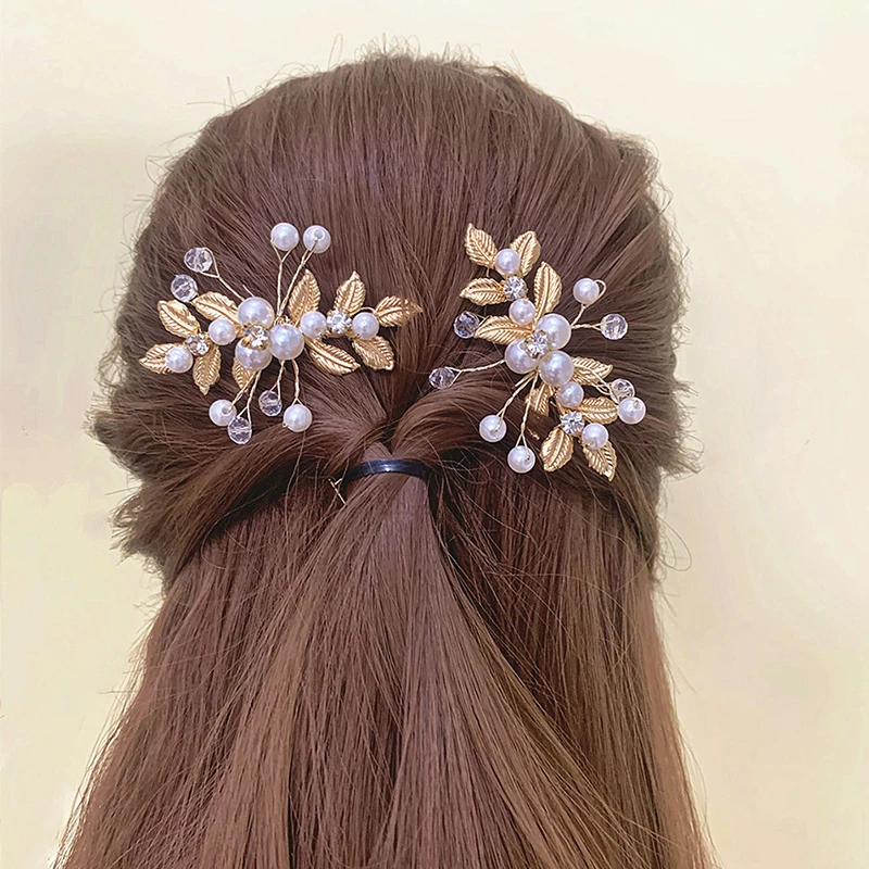 

Retro Flower Leaf Hair Clips Pearl Crystal U-Shaped Ancient Style Accessories Wedding Performance Small Hairpin Bridal Headwear