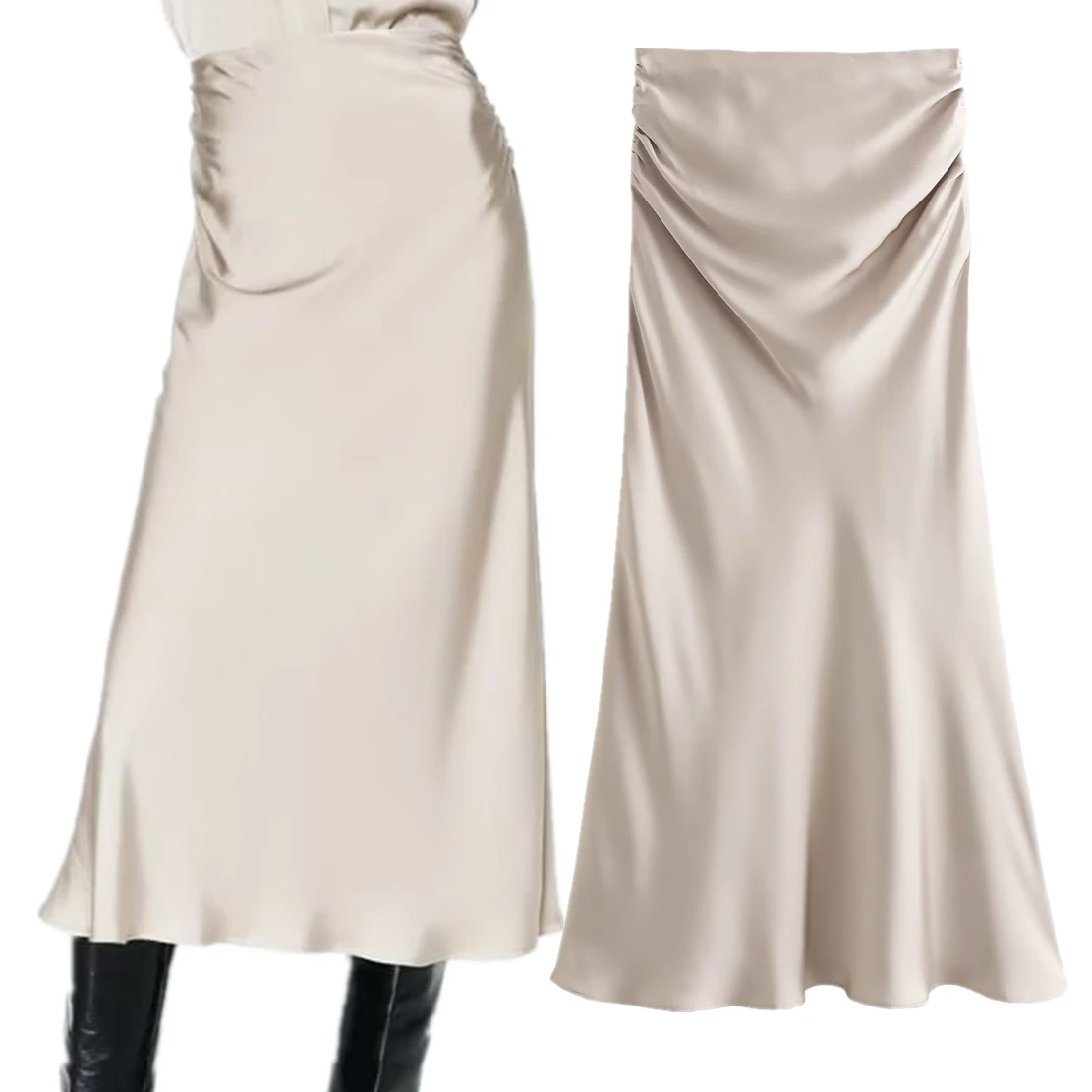 Dave&Di Fashion High Waist French Champagne Half Skirt  Elegant Pleated Ladies Midi Fish Tail Satin Half Skirt Women