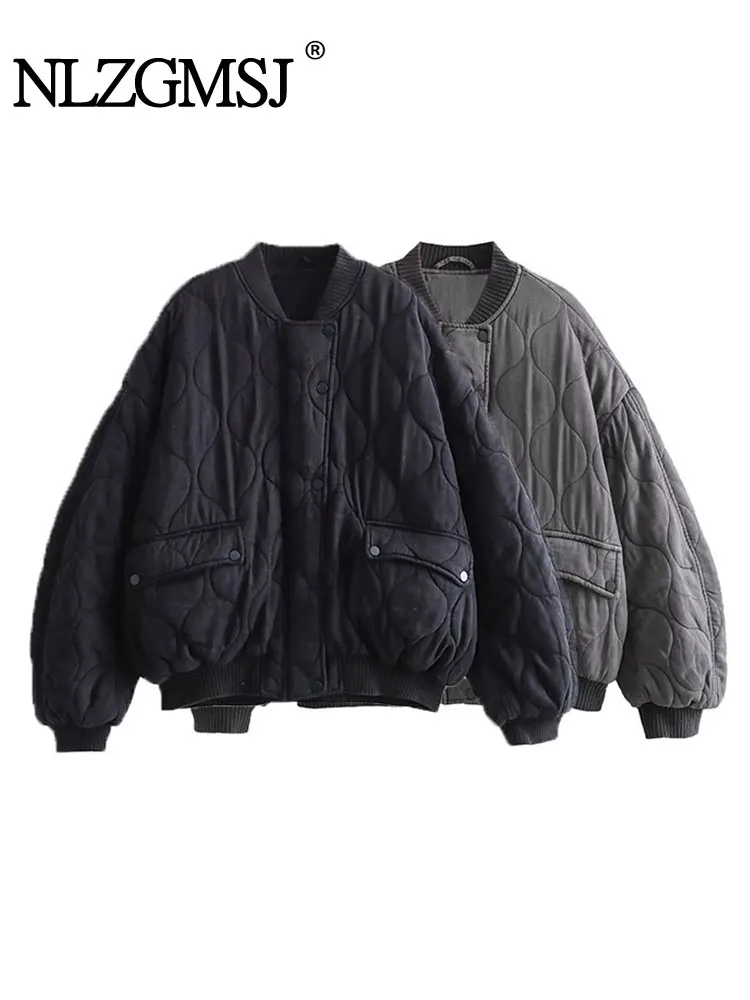 TRAF 2023 겨울 회색 오버사이즈 여성 코튼 코트, 두껍고 따뜻한 긴팔 지퍼, 느슨한 패딩 재킷, 여성 파카 