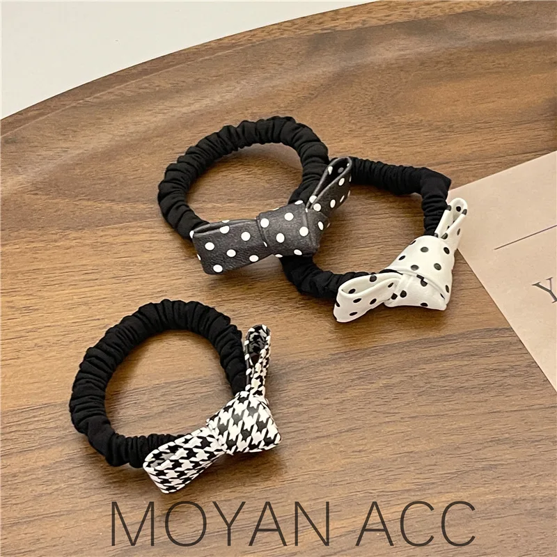 Korean Style Hair Ring Female Cute Cute Polka Dot Bowknot Headband Houndstooth Rhombus Hair Rope Bun Rubber Band Hair Accessorie solid color soft chiffon necklace pendant ring scarf hijab multi style decorative fashion scarf turban hair accessorie wholesale