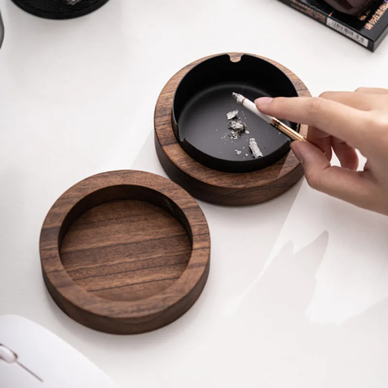 Wood Ashtray With Lid Smokers Stainless Steel Liner Windproof Patio Office Home Cigar Holder
