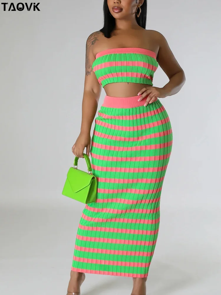 

TAOVK Women Tube Top +Skirts Two Pieces Sets Sexy Striped Strapless Bandeau Contrast Crop Tops +Slim Shelth Skirts Suits Beach