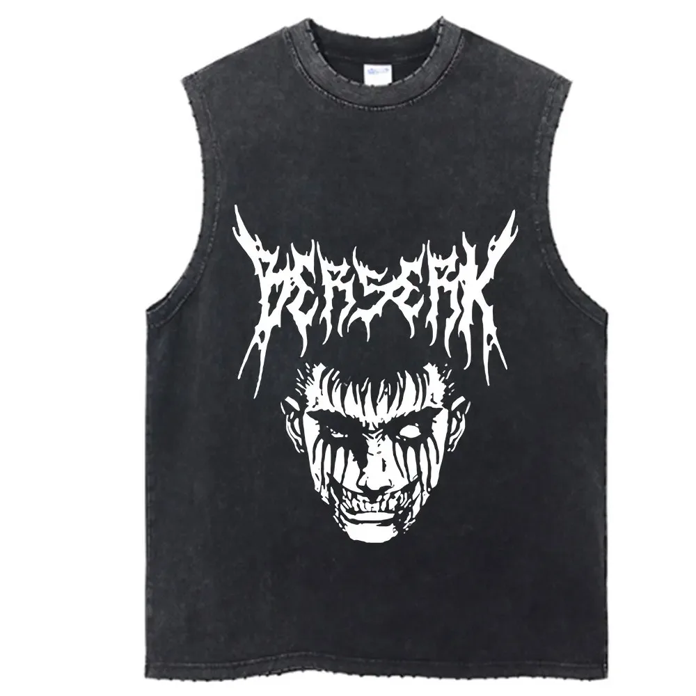 빈티지 탱크 탑 일본 애니메이션 그래픽 프린트 T 셔츠 코튼 힙합 ??streetwear 특대 애니메이션 패턴 워시 탑 베스트