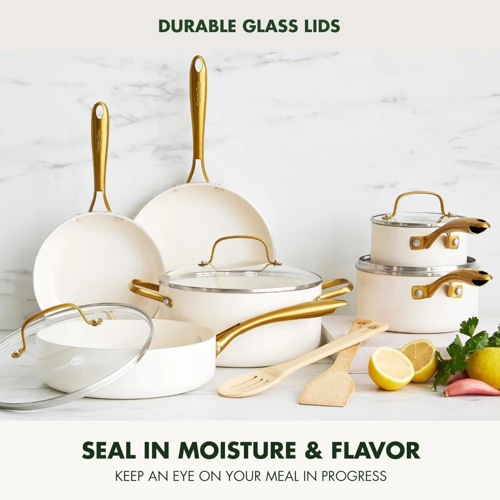 Swift 12 Piece Cookware Pot and Pans Set, PFAS & PFOA-Free Healthy Ceramic Nonstick, Gold Stainless Steel Handle, Versatile Coo