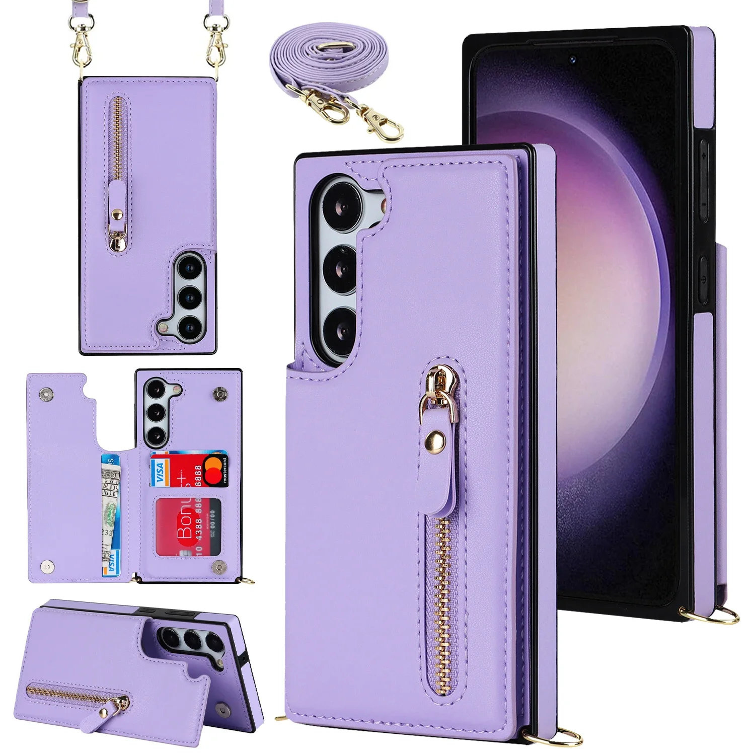 

Zipper Wallet Crossbody Lanyard Stand Leather Case For Samsung Galaxy S24 S23 S22 Note 20 Ultra S21 FE Plus Magnetic Clasp Cover