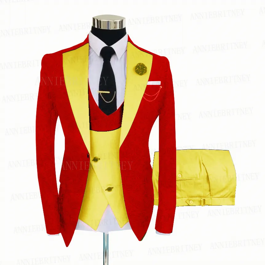 Jacquard Red Suit Men 3 Pieces Groom Wedding Tuxedo Slim Fit Prom Party Blazer Suit Jacket Double Breasted Vest Pants Set