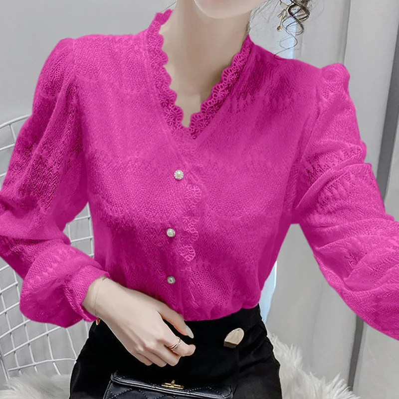 Bright Colors Spring Summer V-Neck Lace Single Breasted Puff Sleeve Women Shirt Hollow Out Thin Fashionable Multiple Colors Slim