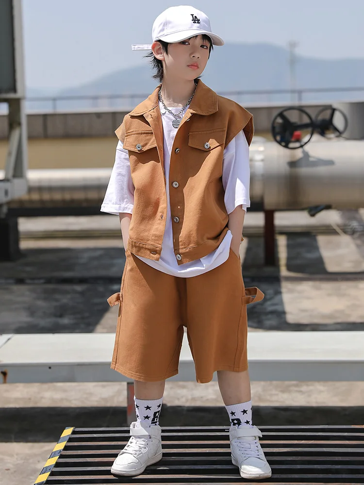 

Fashion Kids Hip Hop Clothing Khaki Vest Shorts Boys T Shirt Girls Jazz Modern Dance Clothes Performance Suit Rave Wear BL10723
