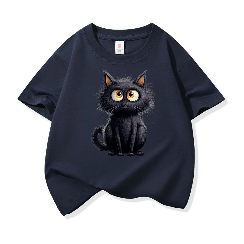 Adorable Black Cat Graphic Kids' Cotton Tee - Soft, Breathable Short Sleeve Shirt