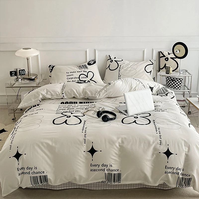 

BlessLiving White Duvet Cover Set Every Day is A Second Chance Geometric line Pattern Black Floral Quilt Cover With Pilowcases
