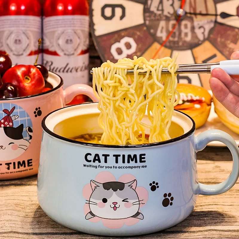 

Instant Noodle Bowl Mug Cute Ceramic with Lid Handle Dormitory Student Office Large Capacity Japanese Dinnerware Set Tableware
