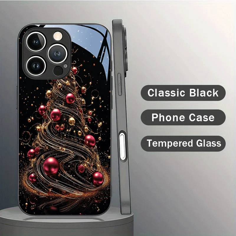 Black Tempered Glass Phone Case with Ornate Red and Golden Christmas Tree Design