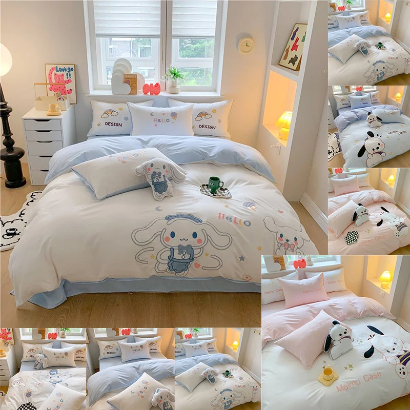 

Sanrios Cartoon Cinnamoroll four-piece set Cotton Bed Sheet Students Anime Kawaii Dorm Bedclothes Home Textile Quilt Cover Soft