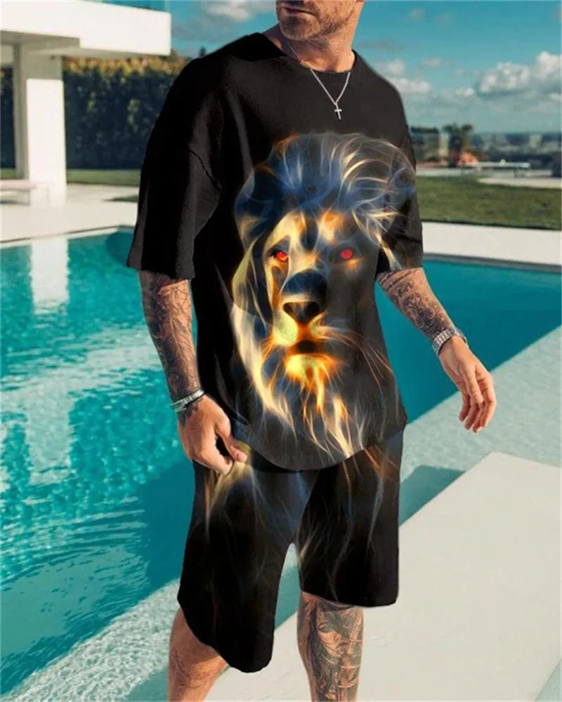 

Summer Men's T Shirt Set 3D Printed Short Sleeve Suit Cool Fashion Streetwear Tracksuit 2 Piece Jogging Casual Clothes Oversized